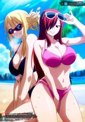 2girls ai_generated beach big_ass big_breasts bikini blonde_hair brown_eyes curvy curvy_figure erza_scarlet fairy_tail hand_on_head juanpiamvs long_hair looking_at_viewer lucy_heartfilia palm_tree patreon patreon_username red_hair sand sea seaside smiling standing subscribestar subscribestar_username sunglasses sunglasses_on_head sweatdrop tied_hair watermark