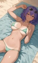 ai_generated bathing beach big_breasts curvy eyewear_on_head female long_hair lying_on_back micro_bikini midriff navel original_character pale_skin purple_eyes purple_hair sand sunbathing sunglasses suntan tanline thong_bikini towel