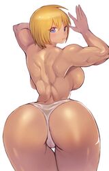 absurdres arched_back ass back backboob bare_back blonde_hair blue_eyes breasts female highres large_breasts looking_at_viewer looking_back muscle muscular_female panties short_hair simple_background solo sookmo thong topless underwear white_background