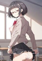 ai_generated areolae asian asian_female back_view backboob big_ass big_butt black_eyes black_hair breasts_out curvaceous curvy_female erect_nipples glasses large_breasts light-skinned_male light_skin looking_back nipples panties pantyhose presenting_ass school_uniform schoolgirl short_hair smiling solo_female taniyama_sayaka tokidoki_bosotto_russian_de_dereru_tonari_no_alya-san upskirt