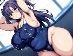 1girls ai_generated big_breasts blue_archive blue_eyes breasts deepjungle female female_focus hairy_armpits large_breasts light-skinned_female naked naked_female nude nude_female plump purple_hair swimsuit thick_thighs thighs twintails yuuka_(blue_archive)