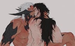 2boys abs au_ra beard brown_eyes brown_hair chinese_commentary closed_eyes commentary_request couple cream_background dark-skinned_male dark_skin dragon_boy dragon_horns facial_hair final_fantasy final_fantasy_xiv gay groin hair_down hand_on_another's_neck hien_rijin highres horns hyur imminent_kiss long_hair looking_at_another male_focus multiple_boys multiple_scars nipples nude open_mouth parted_lips pectorals scales scar scar_on_chest scar_on_leg shiyikuaiqingtai_(weibo7279846390) simple_background sweat teeth very_sweaty warrior_of_light_(ff14) white_hair yaoi