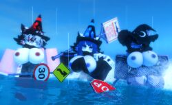 3d 3girls blue_skin blurry_background caution_sign cone crop_top dominant_female fishnets glasses grey_skin naked_female pussy raining red_skin roblox robloxian sea shark sign smug_face trio ursula_abe witch_hat