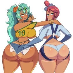 2024_pokemon_teraleak 2girls ass bracelet brazilian_miku creatures_(company) crossover curvy deztyle earrings game_freak hatsune_miku highres huge_ass jewelry long_hair looking_at_viewer meme multiple_girls nintendo pokemon pokemon_bw skyla_(pokemon) smile standing trait_connection twintails very_long_hair vocaloid white_background wide_hips