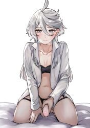 ahoge blush bra breasts breath dildo female grey_eyes grey_hair gundam gundam_suisei_no_majo implied_yuri looking_at_viewer miorine_rembran mitsu_(tendou_itsuki) open_clothes open_shirt sex_toy shirt solo strap-on underwear white_shirt