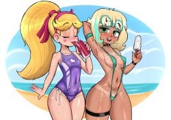 2girls arm_behind_head arm_strap armpits beach big_breasts bikini bikini_tan blonde blonde_hair breasts choker cleavage closed_eyes curvy curvy_figure drink female female_only freckles freckles_on_chest freckles_on_thighs green_eyes green_sling_bikini hair headwear hips holding_drink holding_object jackie_lynn_thomas micro_bikini neckwear one-piece_swimsuit ponytail popsicle purple_swimsuit rukisan sand short_hair skimpy skimpy_bikini sling_bikini small_breasts soda soda_can star_butterfly star_vs_the_forces_of_evil string_bikini string_panties sunglasses sunglasses_on_head swimsuit swimwear tan_body tan_skin tanline tanned tanned_female tanned_skin thick_thighs thigh_strap thighs tongue tongue_out wet wet_body
