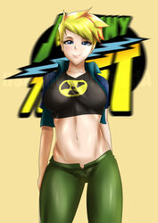 1girls black_shirt blonde_hair blue_eyes blue_jacket breasts canon_genderswap cartoon_network closed_mouth contrapposto crop_top cropped_jacket cropped_shirt female genderswap green_pants hourglass_figure jenny_test johnny_test johnny_test_(series) looking_at_viewer navel open_jacket orange_hair pants rule_63 short_sleeves smile solo two_tone_hair usagiforehead