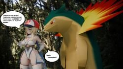 3d confused confused_face confused_look confusion dialogue funny genshin_impact hat lumine_(genshin_impact) meme pokemon pokemon_(species) self_upload sinfuldegen speech speech_bubble typhlosion