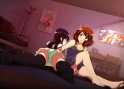 bare_legs black_hair black_legwear blush brown_eyes brown_hair clothing dress feet green_panties hibike!_euphonium indoors kneesocks kousaka_reina legs long_hair lying oumae_kumiko panties pink_panties purple_eyes purple_hair room sbel02 short_hair sitting skirt smile tagme thighhighs upskirt