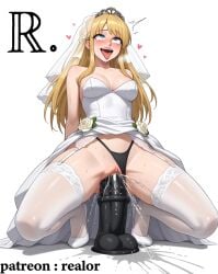 ahe_gao ai ai_generated blonde_hair dildo dildo_in_pussy dildo_insertion female large_dildo netorare ntr patreon_username photosession realor riding_dildo solo stockings veiny_dildo wedding_dress