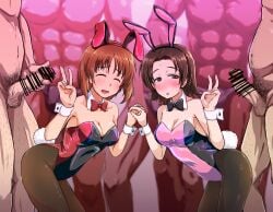 2girls 5boys blush breasts brown_eyes brown_hair censored closed_eyes clothed_female_nude_male girls_und_panzer holding_hands kabutowari large_breasts leotard nishizumi_miho pantyhose penis playboy_bunny pubic_hair rabbit_ears sawa_azusa straight sweat v_sign