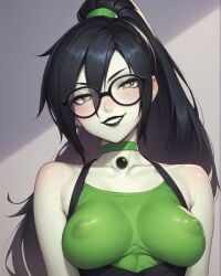 1girls ai_generated bare_shoulders black_lipstick blush blush breasts choker collarbone colored_skin covered_nipples disney female glasses green_eyes hair_between_eyes heart-shaped_pupils high_ponytail kim_possible looking_at_viewer notreallyhere parted_lips perky_breasts ponytail shego simple_background smile solo upper_body villainess