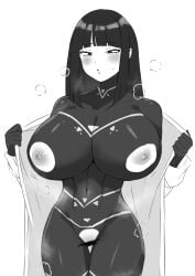 black_bodysuit blush bodysuit breasts censored cesara_(limbus_company) cesara_(project_moon) clothing_cutout highres hime_cut lab_coat large_breasts limbus_company lips monochrome moonstone0914 narrow_waist nipples presenting_breasts project_moon skin_tight steaming_body sweat