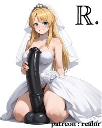 ai_generated blonde_hair dildo female large_dildo ntr patreon_username photosession realor smile solo veiny_dildo wedding_dress