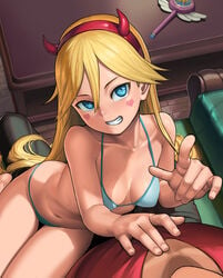 1boy 1girls blonde_hair blue_eyes bra bralette breasts cheek_markings cleavage devil_horns disney female g-string headband hearts lasterk long_hair looking_at_viewer looking_up magic_wand panties pointing princess red_headband royal_magic_wand schoolgirl sitting_on_lap small_breasts solo_focus star_butterfly star_the_underestimated star_vs_the_forces_of_evil straight_hair teen teen_girl teenage_girl teenager touching_chest