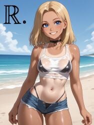 ai_generated ass big_ass big_thighs blonde_hair blue_eyes choker denim_shorts female realor small_waist solo summer tan_body tanline wet_clothes