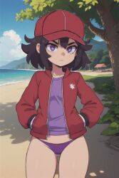 ai_generated beach black_hair hoodie legs leonarda mcyt minecraft minecraft_youtubers open_clothes outdoors outside panties pixai purple_eyes purple_shirt qsmp qsmp_eggs red_hat red_hoodie short_hair skinny thighs tomboy twitch.tv youtube youtuber youtubers