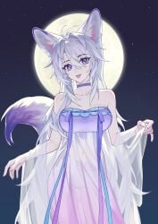 :d absurdres animal_ears bare_shoulders bottomless breasts choker cleavage collarbone commentary_request covered_navel cowboy_shot dress female fox_ears fox_girl full_moon hair_between_eyes highres kirby_d_a large_breasts long_hair looking_at_viewer moon multi_ear night night_sky nightgown open_mouth original pubic_tattoo pubic_tattoo_through_clothing purple_choker purple_eyes revision see-through_clothes see-through_dress sidelocks sky smile standing tail tattoo very_long_hair white_dress white_hair