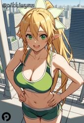 :d ai_generated bangs bare_shoulders blonde_hair braid breasts building city cityscape cleavage collarbone cowboy_shot day elf female green_eyes hair_between_eyes hands_on_hips kirigaya_suguha large_breasts leafa long_hair looking_at_viewer midriff navel open_mouth outdoors pikkiwynn pointy_ears ponytail shorts skyscraper smile solo sports_bra stomach sword_art_online teeth thighs twin_braids