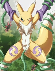 anthro armwear blossomon blue_eyes blush bondage bound breasts bridal_gauntlets censored clothing creative_censorship digimon facial_markings female heigako looking_at_viewer markings navel neck_tuft nipples one_eye_closed penetration pussy pussy_juice renamon sex spreading suspension sweat tuft vaginal_penetration vines wink