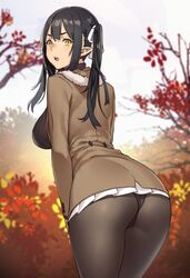 1girls ass bangs black_hair black_legwear black_panties black_sweater blush breasts day depth_of_field elf elf_(houtengeki) female female_only from_behind houtengeki large_breasts long_hair long_sleeves looking_at_viewer miniskirt open_mouth original outdoors panties panties_under_pantyhose pantyhose pantyshot plant pleated_skirt pointy_ears ribbed_sweater skirt sky solo standing sweater thighs tree twintails underwear upskirt white_skirt yellow_eyes