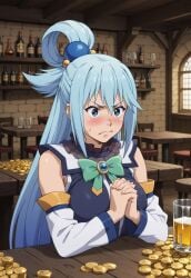 after_sex ai_generated angry angry_face aqua_(konosuba) aqua_eyes aqua_hair blue_eyes blue_hair clothed clothing echodantalian girl kono_subarashii_sekai_ni_shukufuku_wo! konosuba miniskirt story