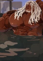 balls bara big_balls big_muscles big_penis closed_eyes facial_hair flaccid male male_only marototori muscles muscular nude partially_submerged penis sitting solo solo_male water