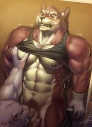 2016 2males abs bathroom_stall big_pecs blush cropped_image drooling extreme_muscles furry gay hairy_penis high_resolution muscle_shirt raccoon21 sucking_penis super_gay unknown_source