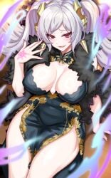 1girls absurdres alternate_costume aura breasts china_dress chinese_clothes cleavage cleavage_cutout clothing_cutout covered_navel cowboy_shot dark_aura dark_persona dress eyes_of_grima fire_emblem fire_emblem_awakening fire_emblem_heroes grey_hair grima_(fire_emblem) highres large_breasts long_hair looking_at_viewer nez-box nintendo open_mouth pelvic_curtain print_dress red_eyes robe robin_(female)_(fire_emblem) robin_(fire_emblem) robin_(fire_emblem)_(female) short_dress side_slit smile solo tattoo thighs twintails