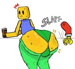 balls_outline balls_under_clothes bloxy_cola el_sick fat_ass fat_ass_femboy femboy green_clothing green_pants green_underwear lego lego_minifigure looking_back noob pants_down pants_pulled_down questionable_consent roblox roblox_rthro robloxian slapping_ass slapping_butt sweatdrop sweating tagme tagme_(artist) twink yellow_skin