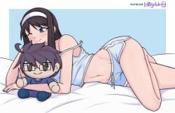 black_hair blue_background blue_eyes blush crossed_legs d0gduk glasses kagetsu_tooya knife long_hair lying melty_blood navel one_eye_closed short_hair smile stomach stuffed_toy tiara tohno_akiha tohno_shiki tsukihime watermark wink