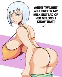 1girls alternate_breast_size big_ass big_breasts big_nipples bikini english_text female female_only fiona_frost gray_eyes human nightfall_(spy_x_family) pichichi short_hair solo source_removed spy_x_family text white_hair