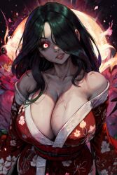 1girls 2d ai_generated bare_shoulders big_breasts black_hair breasts cleavage crazed_expression crazed_look crazy_eyes female glowing_eyes hisako_(killer_instinct) killer_instinct kimono long_hair looking_at_viewer nightmare_waifu obi open_mouth pale_skin rareware red_eyes scars solo source standing tampopo