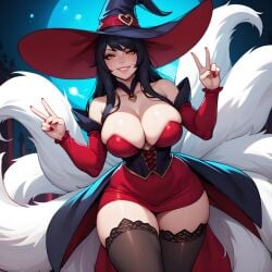 ahri ai_generated big_breasts black_stockings cleavage eogard_orc fox_tail halloween_costume league_of_legends peace_sign self_upload simple_background thick_thighs witch_costume witch_hat