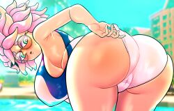 1girls 2023 absurd_res adjusting_swimsuit annie_(splatoon) aqua_eyes ass bent_over big_breasts blush breasts commission covered_nipples fat_mons glasses hi_res hotaruman97 huge_ass looking_back multicolored_hair nintendo one-piece_swimsuit outdoors pink_hair pool poolside short_hair sideboob solo splatoon splatoon_3 swimsuit tentacle_hair