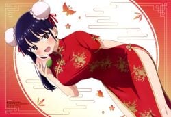 arms_behind_back big_breasts black_hair blush boku_no_kokoro_no_yabai_yatsu breasts brown_eyes bun_cover china_dress chinese_clothes double_bun double_slit_dress dress eating hair_bun high_slit_dress long_hair mochi official_art open_mouth red_dress short_sleeves side_slit slit_dress smile thighs yamada_anna