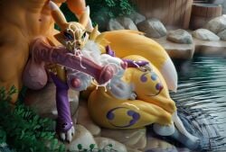 3d ai_generated anthro bathing big_ass big_balls big_breasts big_penis creamhorseai cum cum_on_body cum_on_breasts cum_on_face digimon female guilmon huge_balls huge_breasts huge_cock hyper_penis male male/female renamon