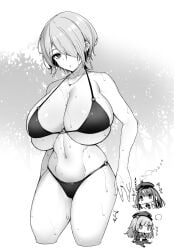 1girls 2d 3girls alternate_costume bare_shoulders bikini bikini_bottom bikini_top black_bikini black_swimsuit breasts brid_(nikke) character_name chibi chibi_inset cleavage closed_mouth collarbone cowboy_shot diesel_(nikke) earrings female female_focus female_only goddess_of_victory:_nikke greyscale hair_over_one_eye hoop_earrings huge_breasts japanese_text jewelry large_breasts midriff monochrome multicolored_hair multiple_girls navel necklace o-ring o-ring_bikini o-ring_bottom outdoors shingo. skindentation soline_(nikke) standing string_bikini swimsuit swimwear text thick_thighs thighs two_tone_hair water_drop wet wide_hips