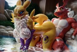 3d ai_generated anthro bathing big_ass big_balls big_breasts big_penis creamhorseai cum cum_on_body cum_on_breasts cum_on_face digimon female guilmon huge_balls huge_breasts huge_cock hyper_penis male male/female renamon