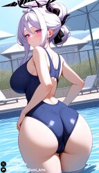 ai_generated ass blue_archive blush covered_pussy gumi_arts hair_bun halo hina_(blue_archive) horn in_water large_breasts long_hair looking_at_viewer looking_back mature_female poolside purple_eyes stable_diffusion thick_thighs water wet white_hair wide_hips