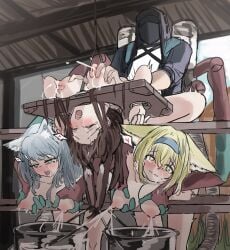 3girls amiya_(arknights) animal_ears arknights breast_milking breast_squeeze doctor_(arknights) female lactation male milk_jug pillory rosmontis_(arknights) suzuran_(arknights) whate=3r