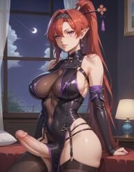 1futa ai_generated big_penis dickgirl erection esendor futa_only futanari long_hair pointy_ears purple_eyes red_hair solo solo_futa stable_diffusion wuthering_waves yinlin_(wuthering_waves)