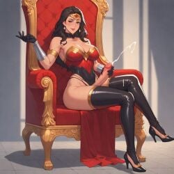 ai_generated big_cock big_penis breasts cock cum_on_leg cumming cumshot dc dc_comics dick dickgirl futa_only futanari heels high_heels jerking_off jerkingoff legwear masturbating masturbation shemale solo stroking superheroine throne throne_room wonder_woman wonder_woman_(cosplay)