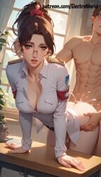 1boy 1girl 1girls ahe_gao ai_generated attack_on_titan bent_over bottomless cum cum_in_pussy doggy_style electroworld hanji_zoe moaning nude orgasm_face penetration perfect_body pussy_juice sex sperm standing_sex