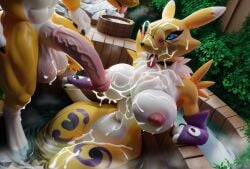 3d ai_generated anthro bathing big_ass big_balls big_breasts big_penis creamhorseai cum cum_on_body cum_on_breasts cum_on_face digimon female guilmon huge_balls huge_breasts huge_cock hyper_penis male male/female renamon