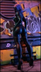 3d 3d_(artwork) alien alien_girl alien_humanoid ass_focus back_view backside foab30 focus_on_ass from_behind high_heel_boots high_heels looking_at_viewer looking_back mass_effect quarian seductive seductive_look skin_tight skinsuit tali'zorah_nar_rayya