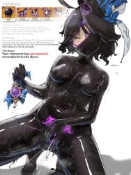 ahoge alterkyon black_bodysuit blank_eyes blue_hat bodysuit breasts female_ejaculation furina_(genshin_impact) gameplay_mechanics hat highres holding mind_break pubic_tattoo pussy slime_(substance) solo spread_pussy squatting squirting tattoo top_hat vision_(genshin_impact)