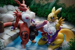 3d ai_generated anthro bathing big_ass big_balls big_breasts big_penis creamhorseai cum cum_on_body cum_on_breasts cum_on_face digimon female futa_on_female futanari guilmon huge_balls huge_breasts huge_cock hybrid hyper_penis renamon