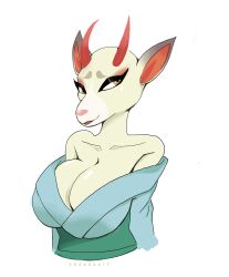 2d_(artwork) animal_crossing big_breasts cleavage clothed_female female female_only horns sharkbait shino_(animal_crossing) waist_up watermark yellow_eyes