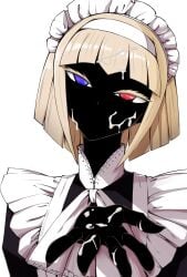 aegis_(nerocc) apron black_dress blonde_hair blue_eyes cum cum_on_body dark-skinned_female dark_skin dress facial female frilled_apron frills headband heterochromia highres looking_at_viewer maid_headdress medium_hair original red_eyes simple_background solo upper_body white_background white_headband